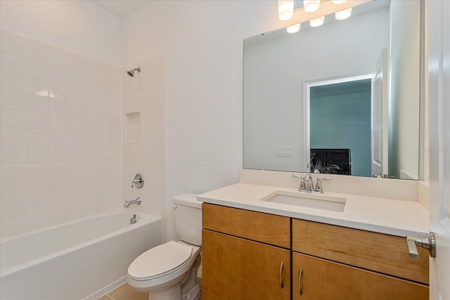 full bathroom with bathtub / shower combination, vanity, toilet, and tile patterned flooring