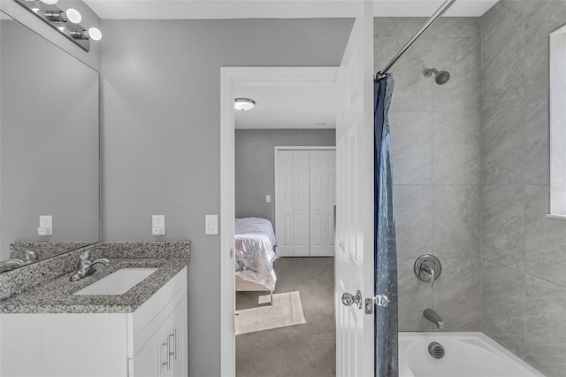 bathroom featuring vanity and shower / bath combo with shower curtain