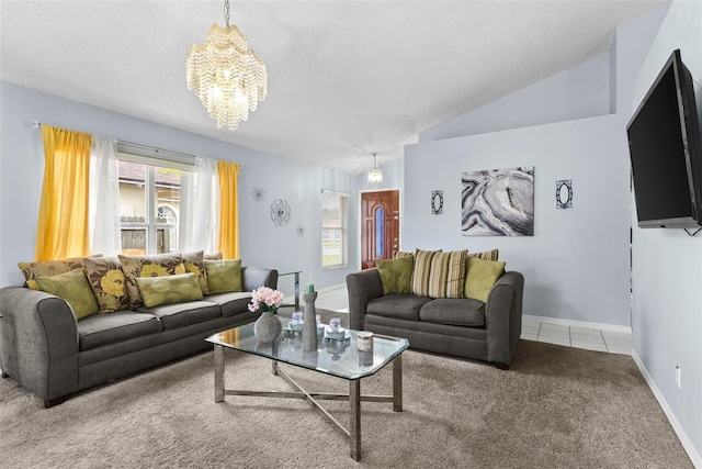 living room featuring lofted ceiling, a notable chandelier, carpet floors, and a textured ceiling