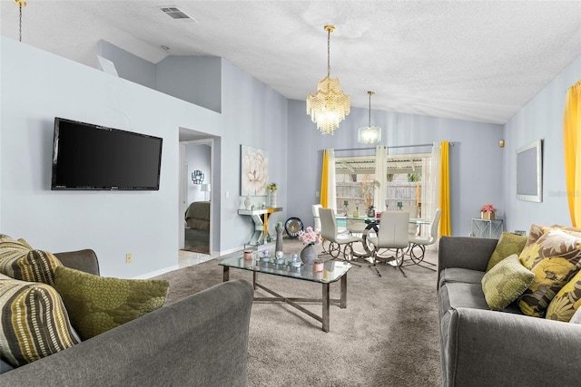 living room featuring carpet floors, a textured ceiling, a notable chandelier, and vaulted ceiling