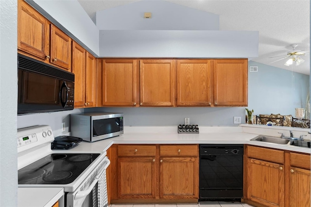 kitchen with ceiling fan, light tile patterned floors, sink, and black appliances