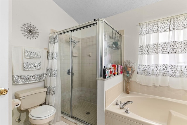 bathroom with toilet, plus walk in shower, and a textured ceiling