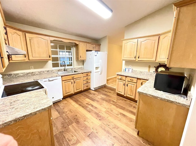 kitchen with sink, light stone counters, light hardwood / wood-style floors, white appliances, and light brown cabinetry