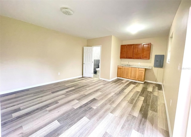 kitchen featuring electric panel, sink, and light wood-type flooring