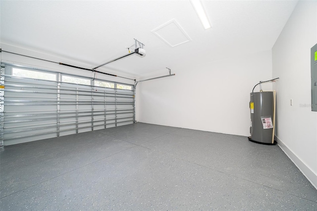 garage with a garage door opener and water heater