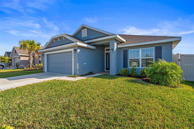 single story home with a front yard and a garage