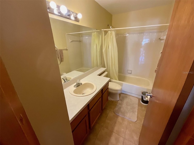 full bathroom featuring toilet, shower / tub combo, tile patterned floors, and vanity