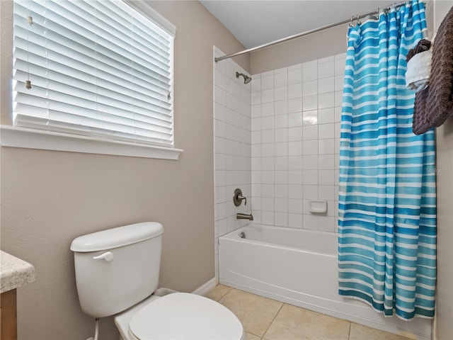 bathroom with toilet, tile patterned flooring, and shower / bath combination with curtain