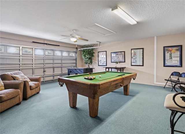 game room featuring ceiling fan, a textured ceiling, and pool table