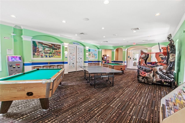 recreation room with pool table and ornamental molding