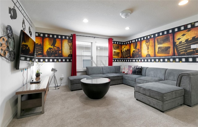 living room featuring a textured ceiling and carpet