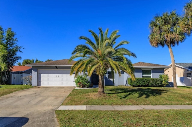 single story home with a front yard and a garage