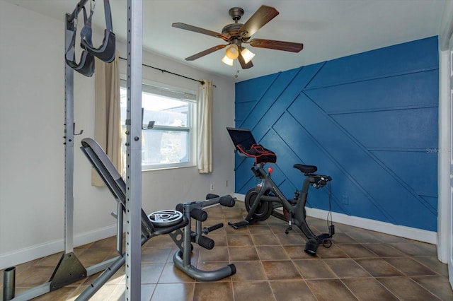 workout area featuring ceiling fan