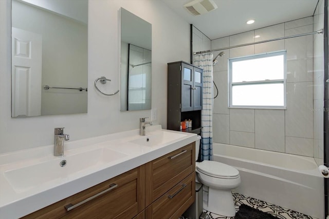 full bathroom with vanity, toilet, and shower / bathtub combination with curtain