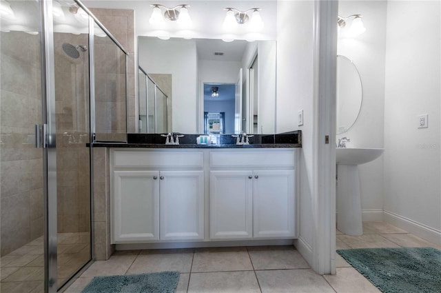 bathroom with tile patterned flooring, vanity, and a shower with shower door