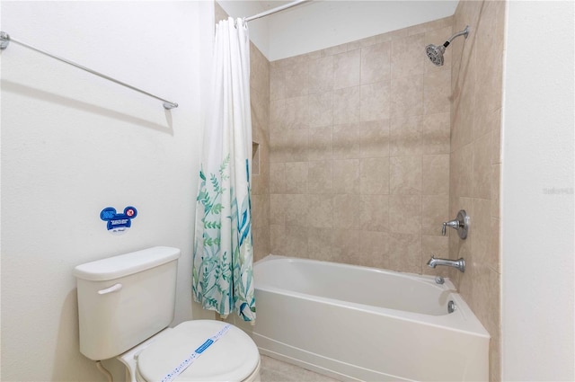 bathroom featuring toilet and shower / bathtub combination with curtain