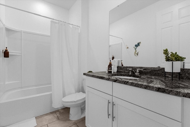 full bathroom featuring shower / tub combo, tile patterned flooring, vanity, and toilet