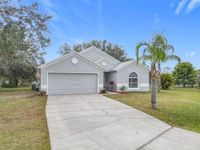 ranch-style house with a front lawn, a garage, and cooling unit