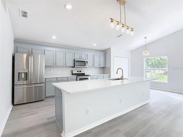 kitchen featuring tasteful backsplash, vaulted ceiling, sink, a kitchen island with sink, and stainless steel appliances