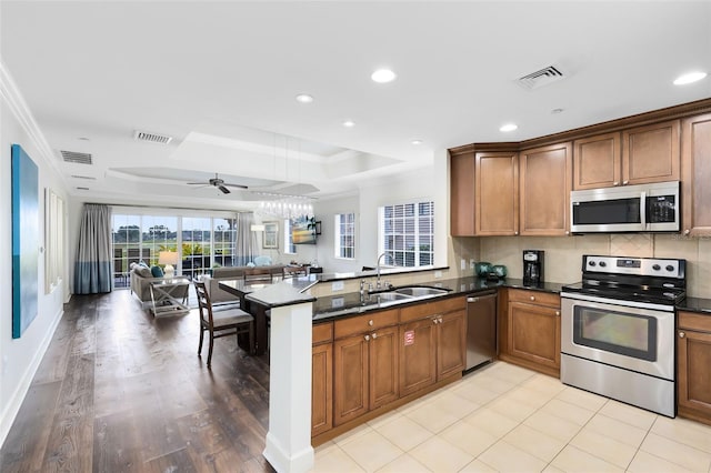 kitchen with stainless steel appliances, sink, kitchen peninsula, a raised ceiling, and crown molding