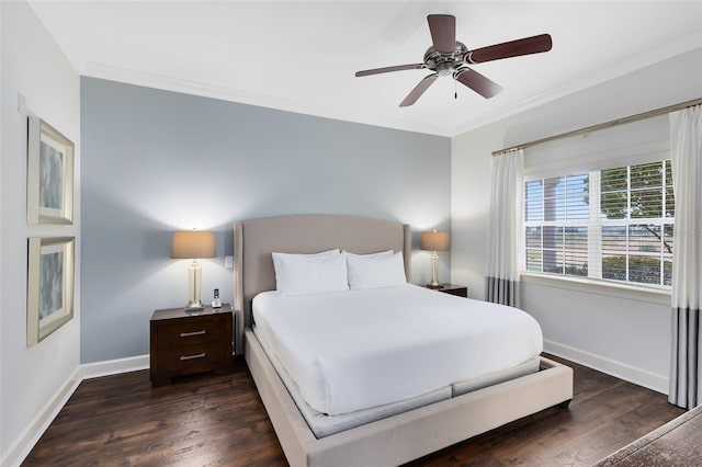 bedroom featuring ceiling fan, dark wood-type flooring, and ornamental molding