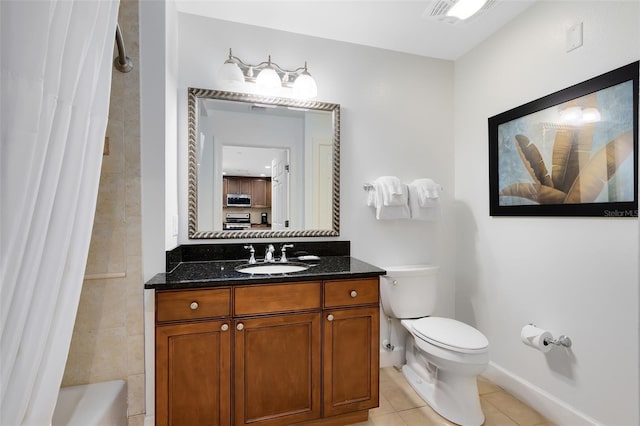 full bathroom featuring toilet, vanity, shower / bath combo, and tile patterned flooring