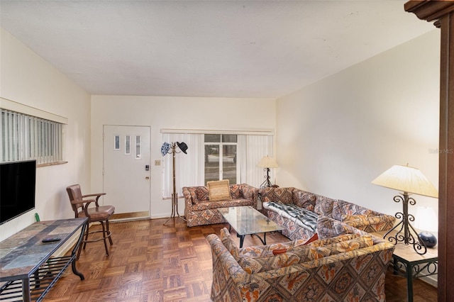 living room featuring dark parquet flooring