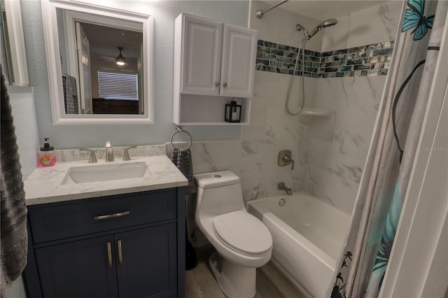 full bathroom with vanity, toilet, wood-type flooring, and shower / tub combo with curtain