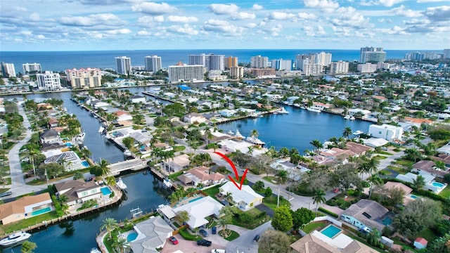 bird's eye view featuring a water view