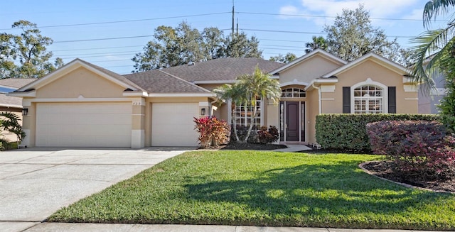 single story home featuring a front lawn and a garage