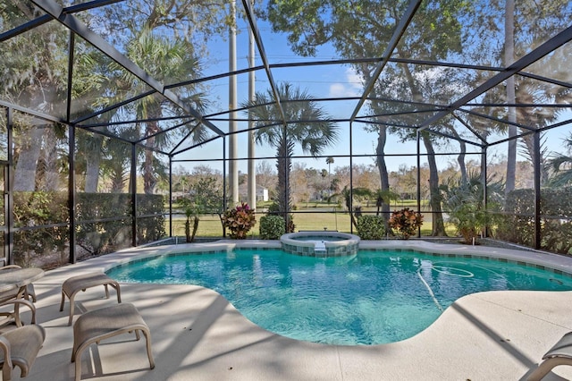 view of swimming pool with glass enclosure and a patio