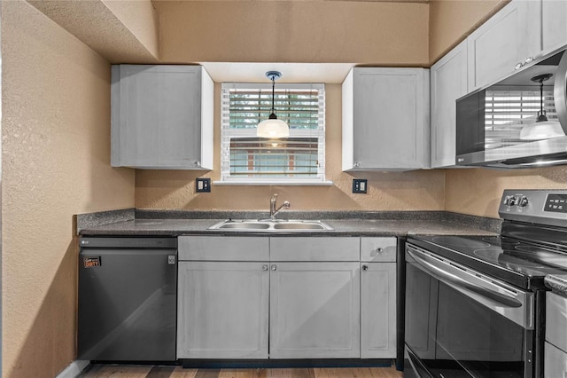 kitchen with stainless steel electric stove, sink, white cabinets, and dishwasher