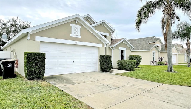 ranch-style house with a garage and a front yard