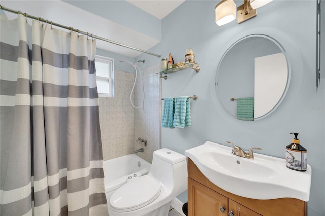 full bathroom with vanity, shower / bathtub combination with curtain, and toilet