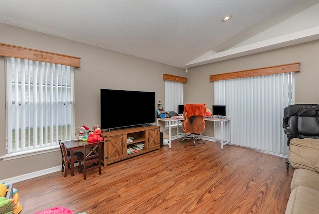 living room with a textured ceiling, light hardwood / wood-style flooring, and lofted ceiling