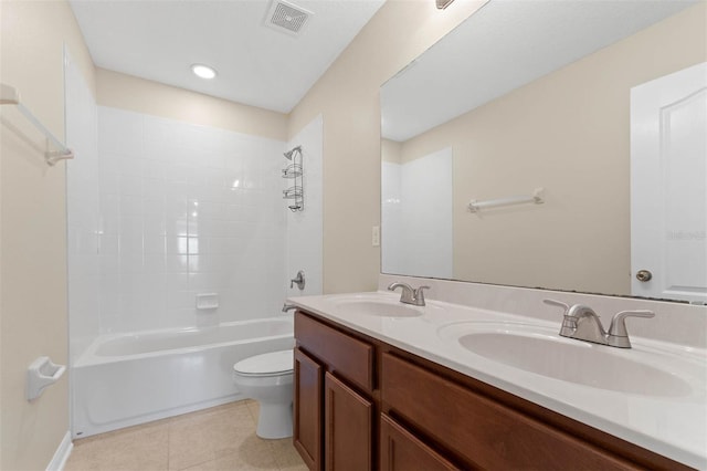 full bathroom featuring tile patterned floors, toilet, shower / bath combination, and vanity