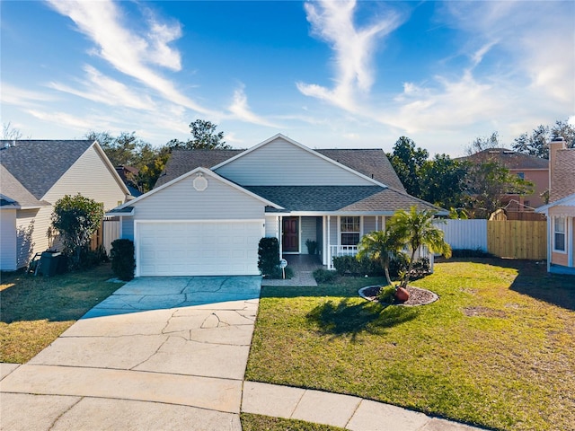 view of front of house featuring a garage, a front yard, and a porch