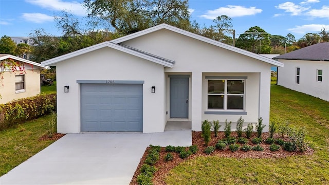 ranch-style house featuring a front yard and a garage