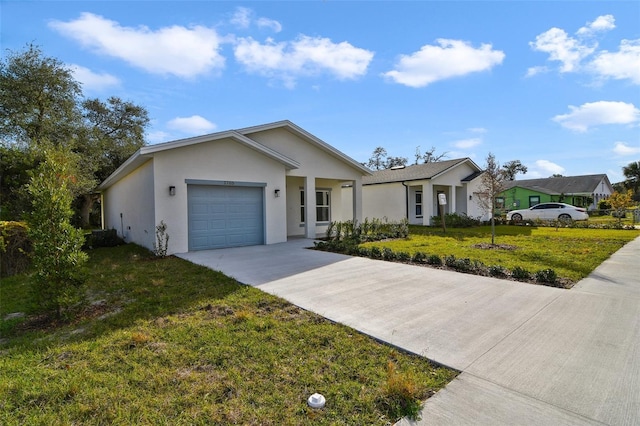 ranch-style home with a garage and a front lawn