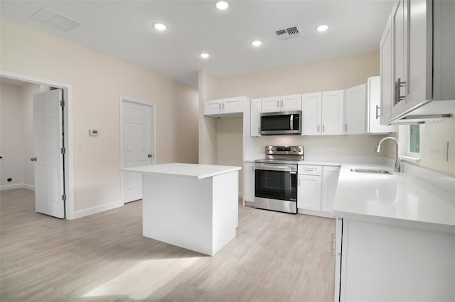 kitchen with sink, a center island, white cabinetry, and appliances with stainless steel finishes