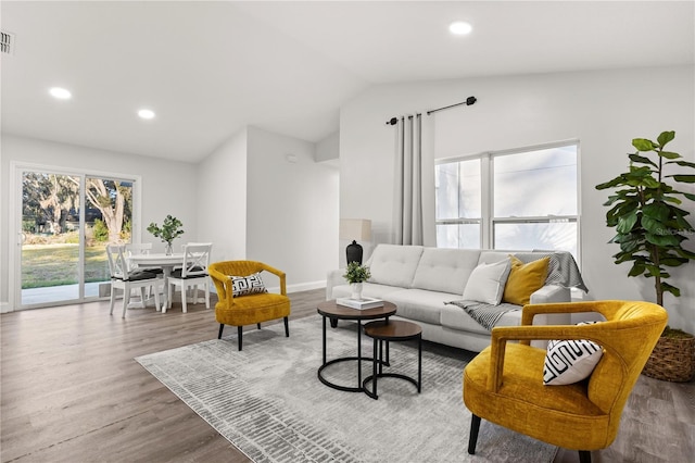 living room with lofted ceiling and hardwood / wood-style floors