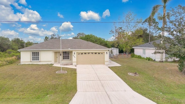 single story home featuring a front yard and a garage