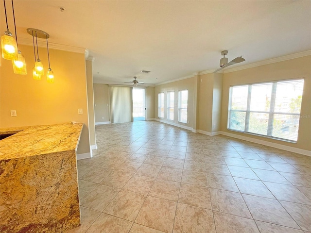 interior space featuring ceiling fan, light tile patterned flooring, and ornamental molding