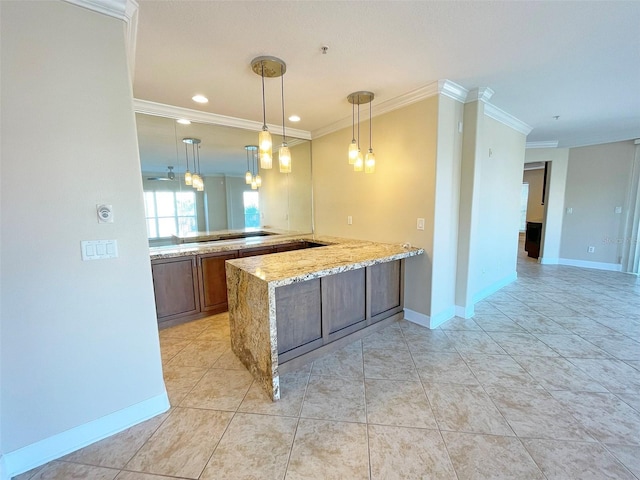 kitchen with pendant lighting, light stone countertops, ornamental molding, light tile patterned flooring, and kitchen peninsula