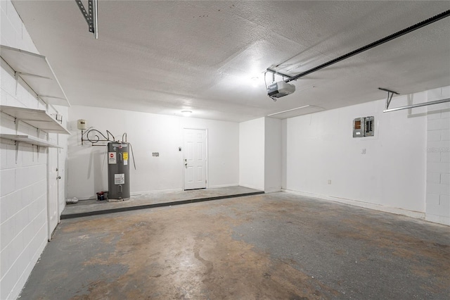 garage with electric water heater and a garage door opener