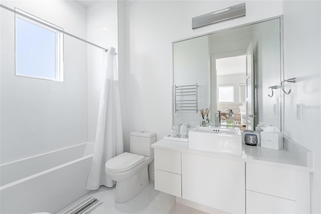 full bathroom with vanity, tile patterned floors, toilet, and shower / bathtub combination with curtain