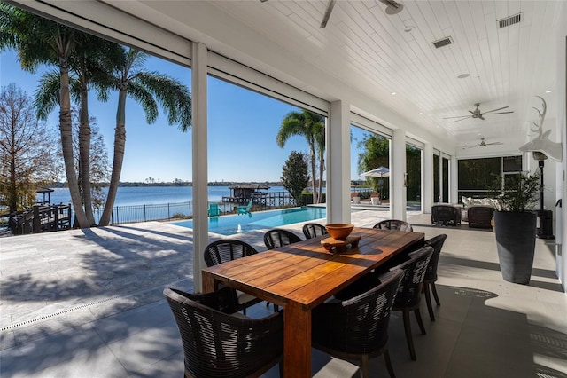 sunroom with a water view, ceiling fan, and wood ceiling