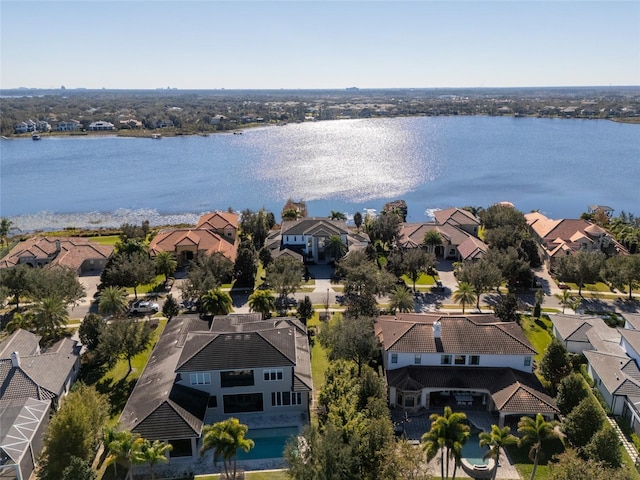 drone / aerial view featuring a water view