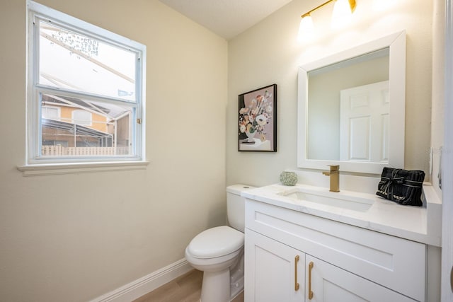 bathroom featuring toilet, vanity, and wood-type flooring