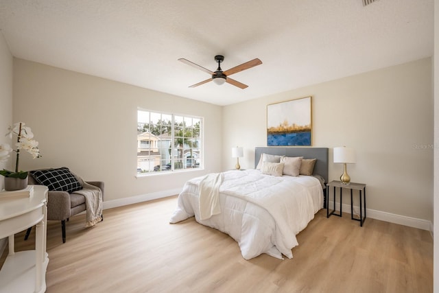 bedroom with ceiling fan and light hardwood / wood-style flooring